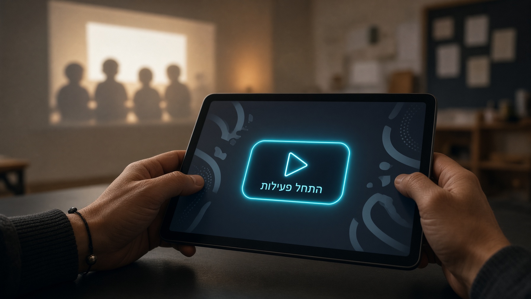 מורה בכיתה עם ילדים בזמן פעילות The Book Screen